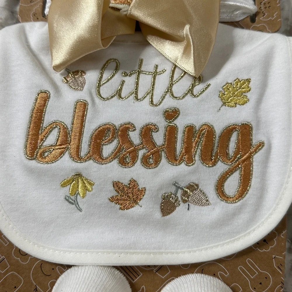 NEW  Baby’s Little Blessing THANKSGIVING Bow Headband, Bib & Socks